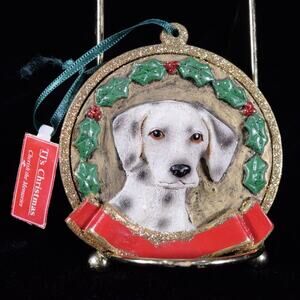 T J Christmas Dog Dalmatian Ornament 3-D Head w Holly Red Ribbon Resin 3" Dia.